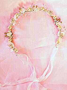 White Pearl Flower Crown Floral Gem Headdress Bead Wire Headband Ribbon Wedding